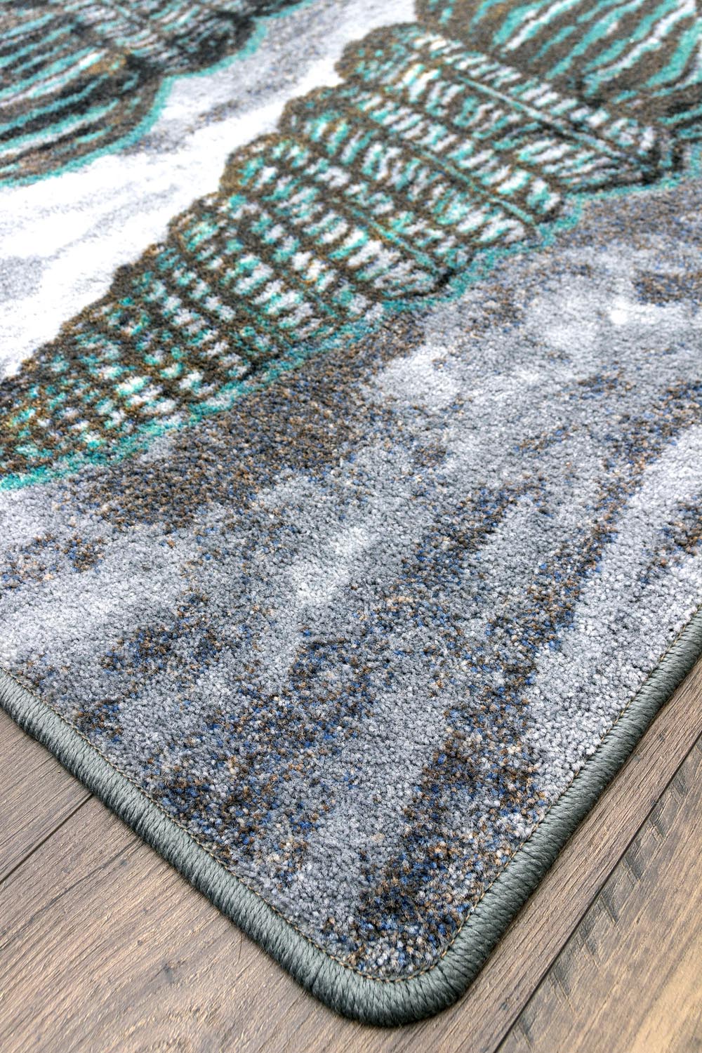 Sally Sold Rug – Gray and Aqua – close up