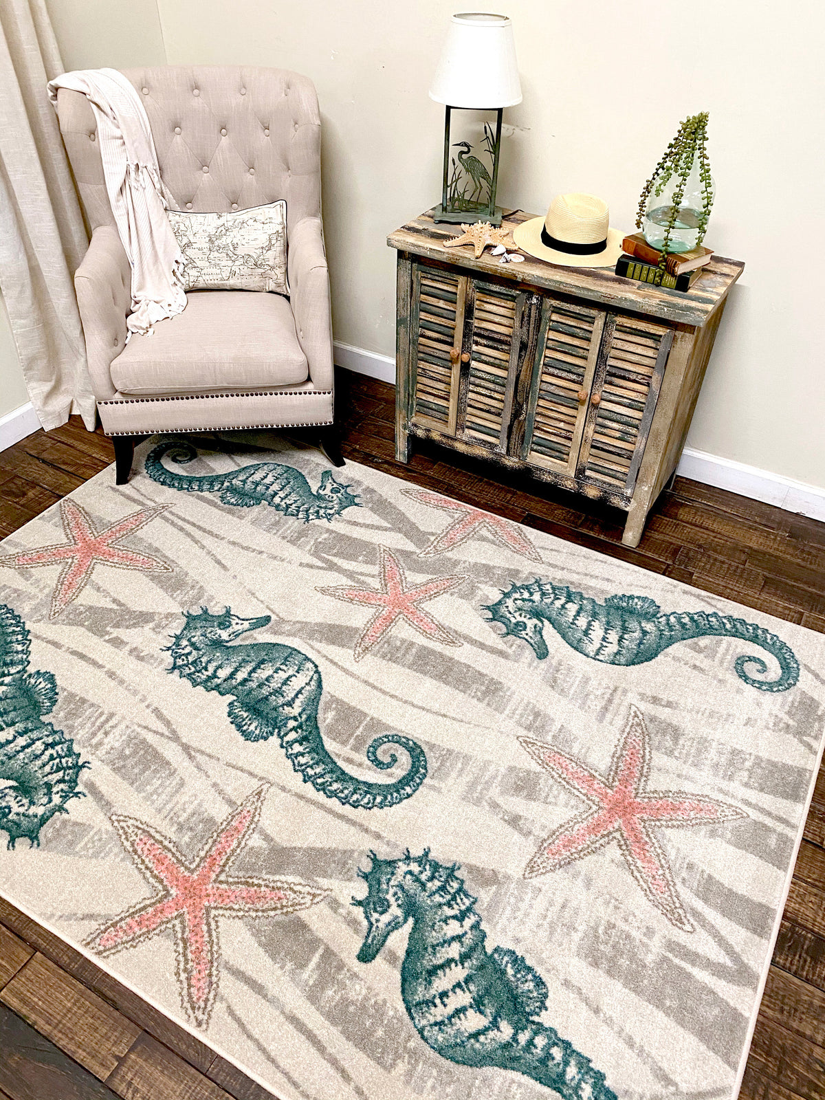 Seaweed Seahorse Rug – Mineral – room setting