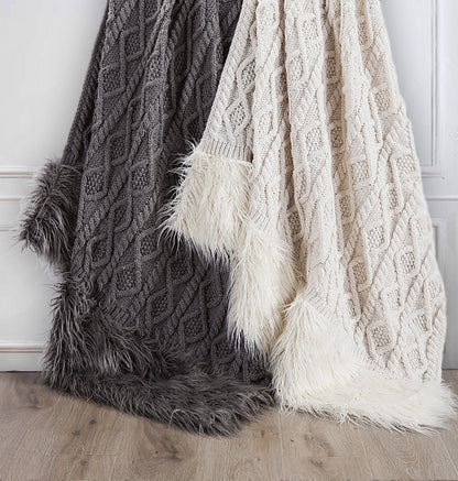 Nordic Cable Knit & Mongolian Fur Oversized Throw Blanket