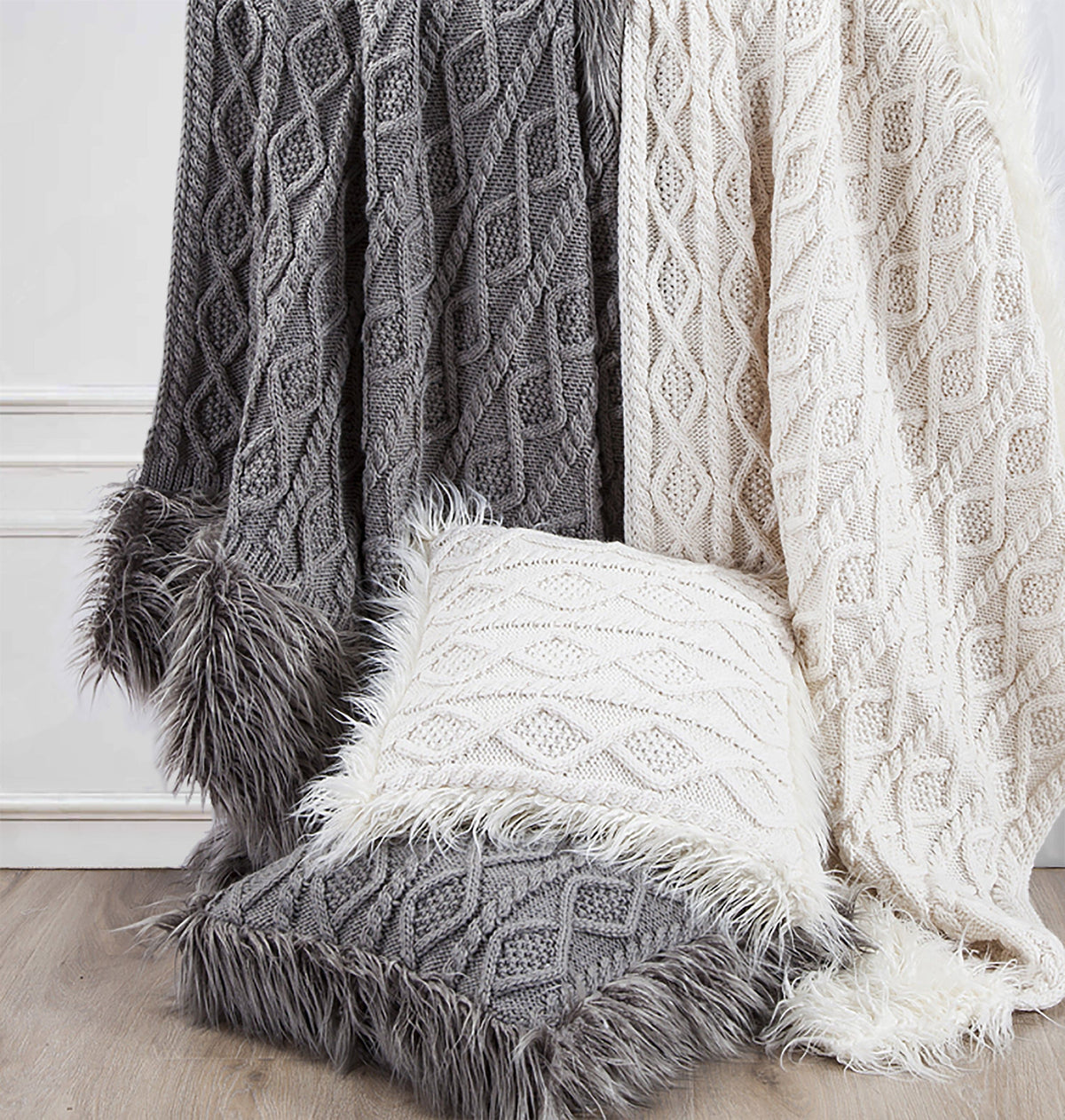 Nordic Cable Knit & Mongolian Fur Oversized Throw Blanket
