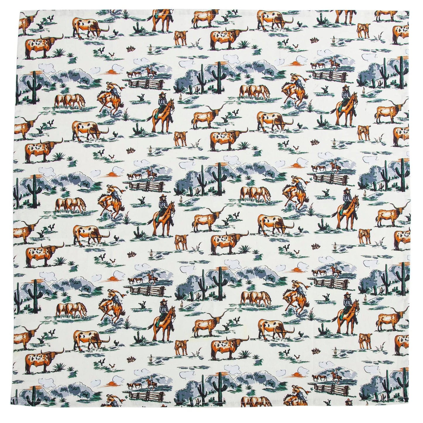 Patterned fabric with cowboys, horses, and cattle on a white background