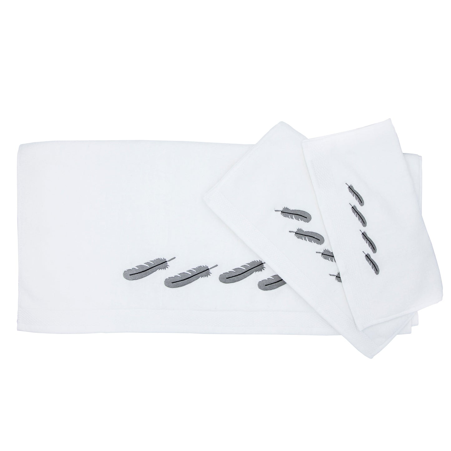 Embroidered Feather White Towel Set, 3 Pc