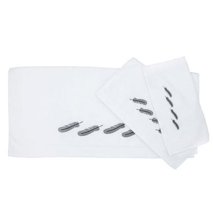Embroidered Feather White Towel Set, 3 Pc