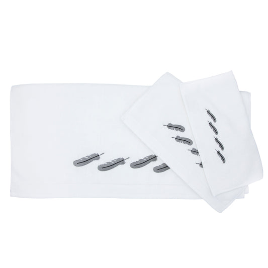 Embroidered Feather White Towel Set, 3 Pc