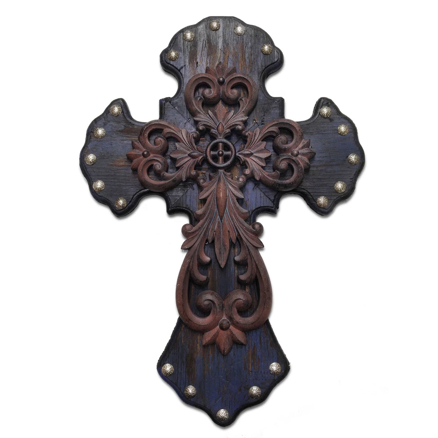Deep Blue Metal Overlay Studded Cross Wall Décor