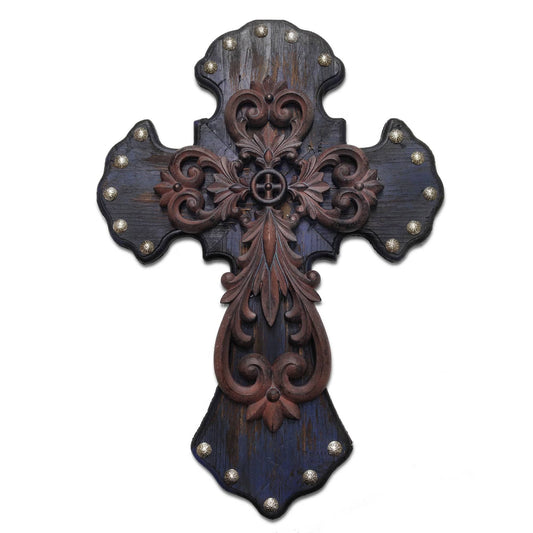 Deep Blue Metal Overlay Studded Cross Wall Décor