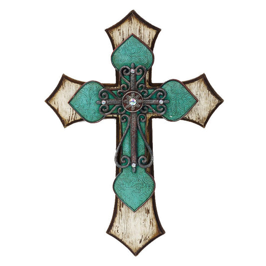 Triple Layer Turquoise Cross Wall Décor with Metal Scrollwork