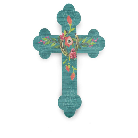 Turquoise Floral Horseshoe Cross Wall Décor