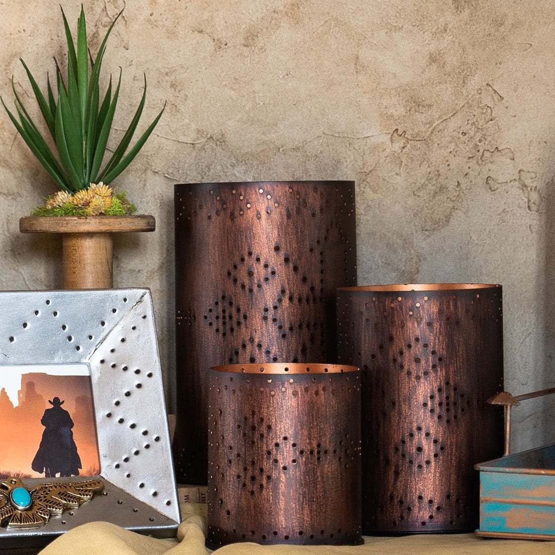 Cross Distressed Metal Cylinder Pillar Candle Holder Set