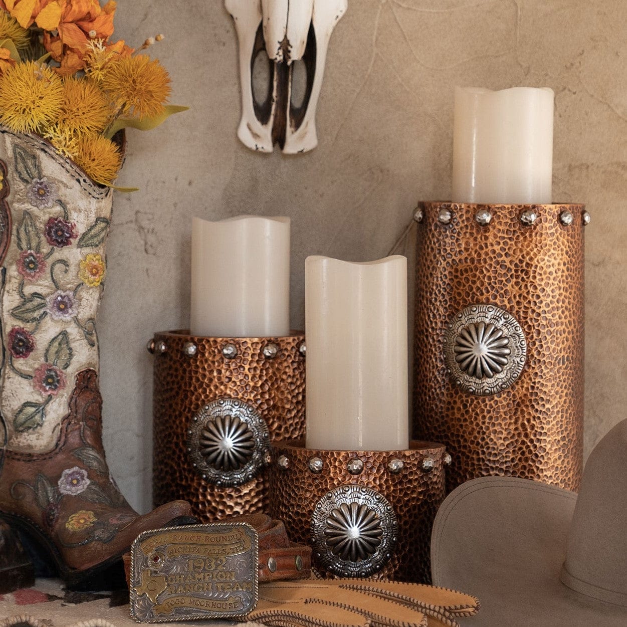 Faux Hammered Copper with Concho Candle Holder Set