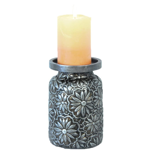 Faux Metal Embossed Flower Pillar Candle Holder