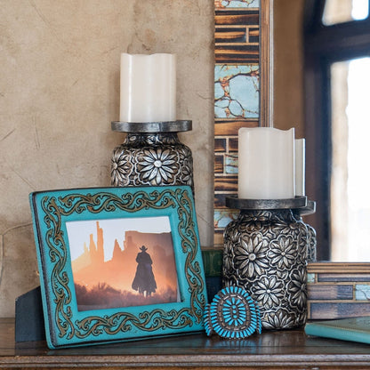 Faux Metal Embossed Flower Pillar Candle Holder