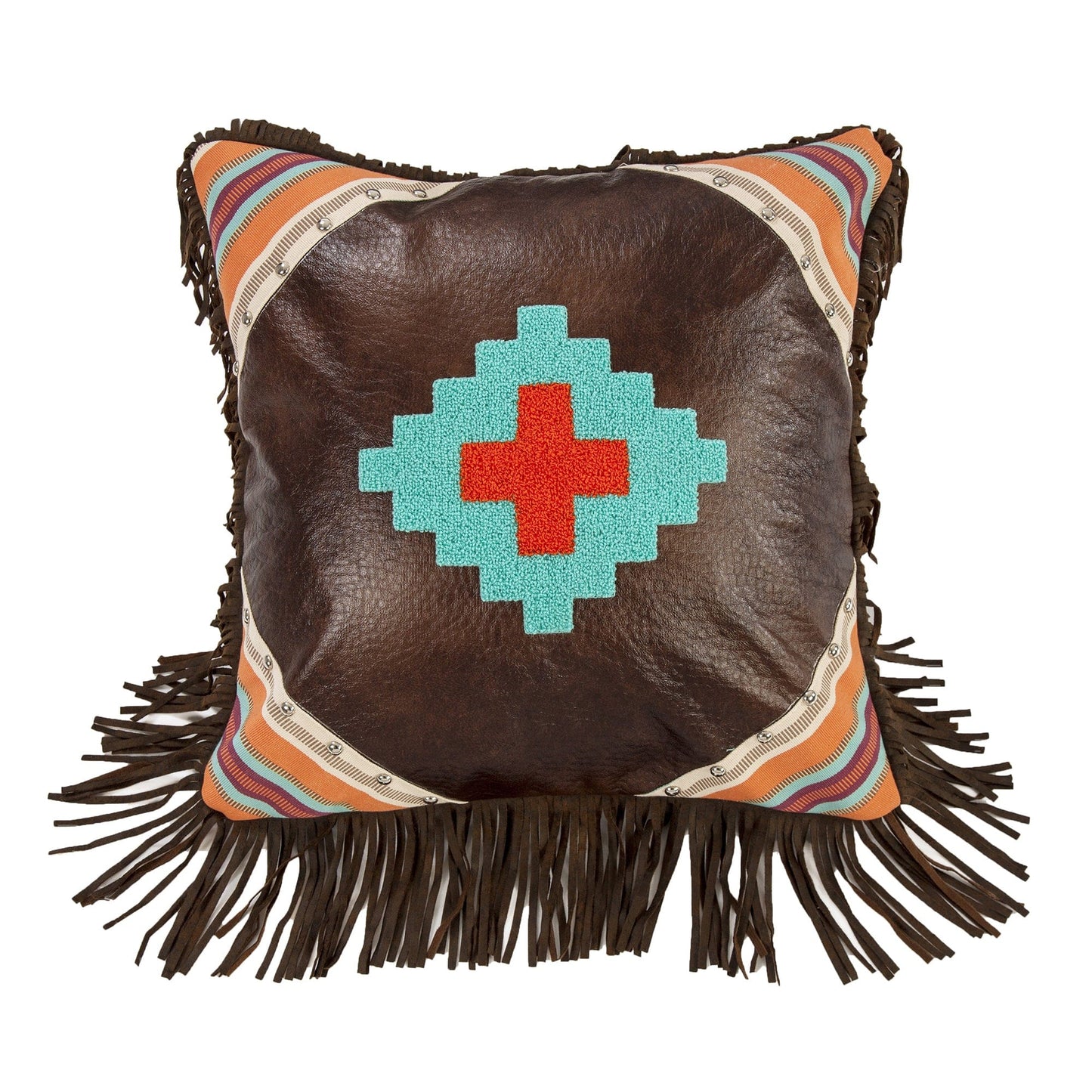 Serape Embroidered Aztec Design Faux Leather Throw Pillow
