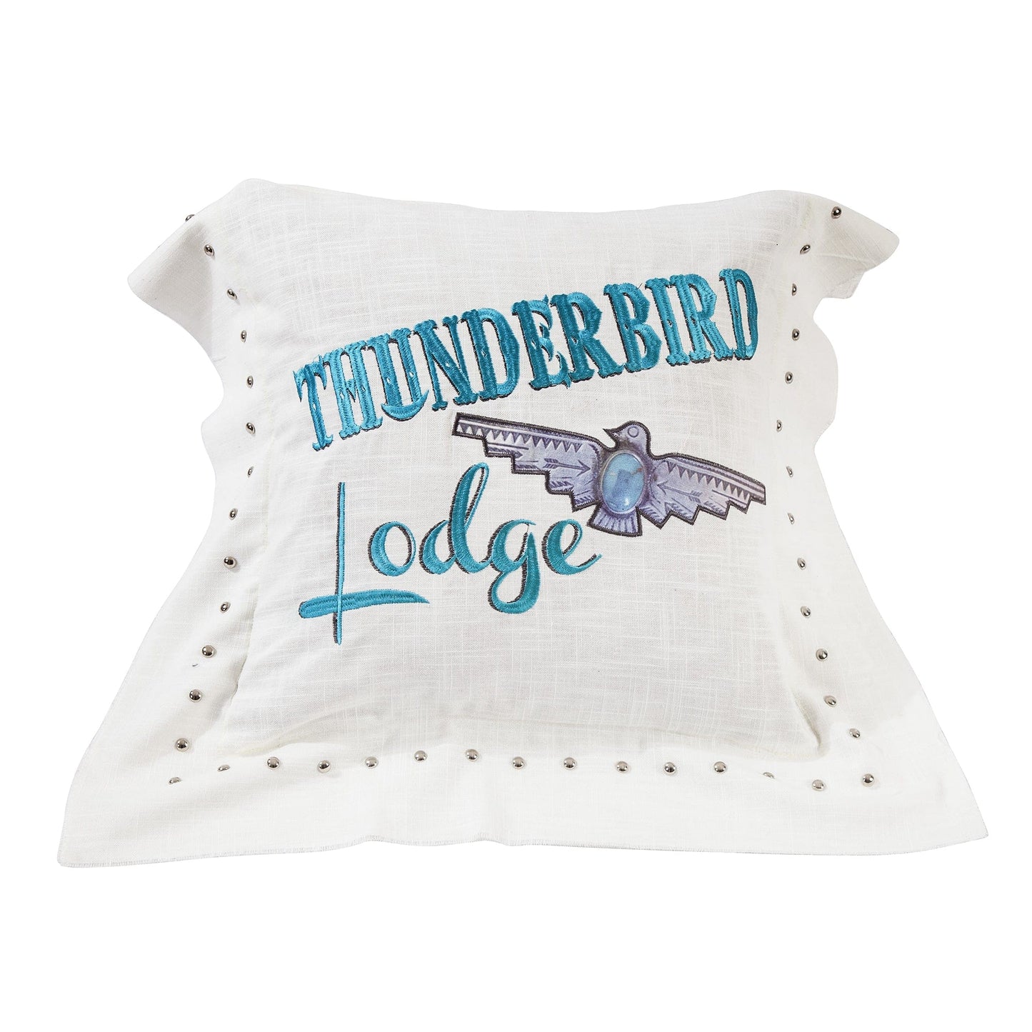 Turquoise Embroidered "Thunderbird Lodge" Linen Pillow