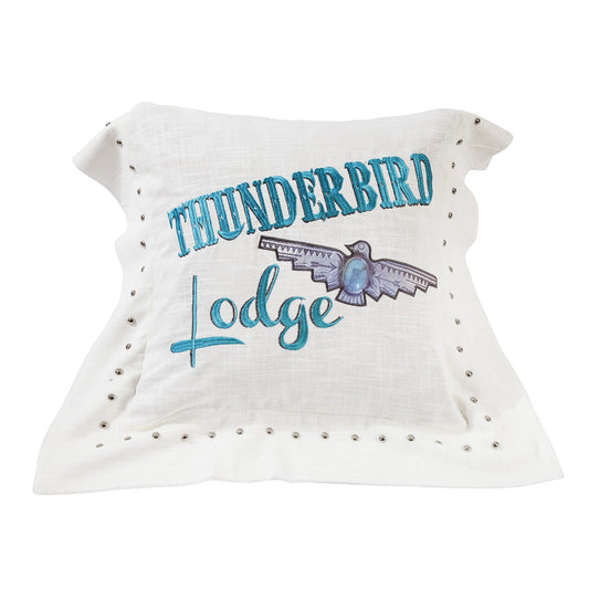 Turquoise Embroidered "Thunderbird Lodge" Linen Pillow