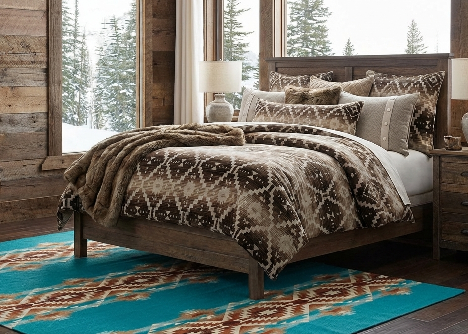 Cozy bedroom with wooden furniture, patterned rug, and fireplace.