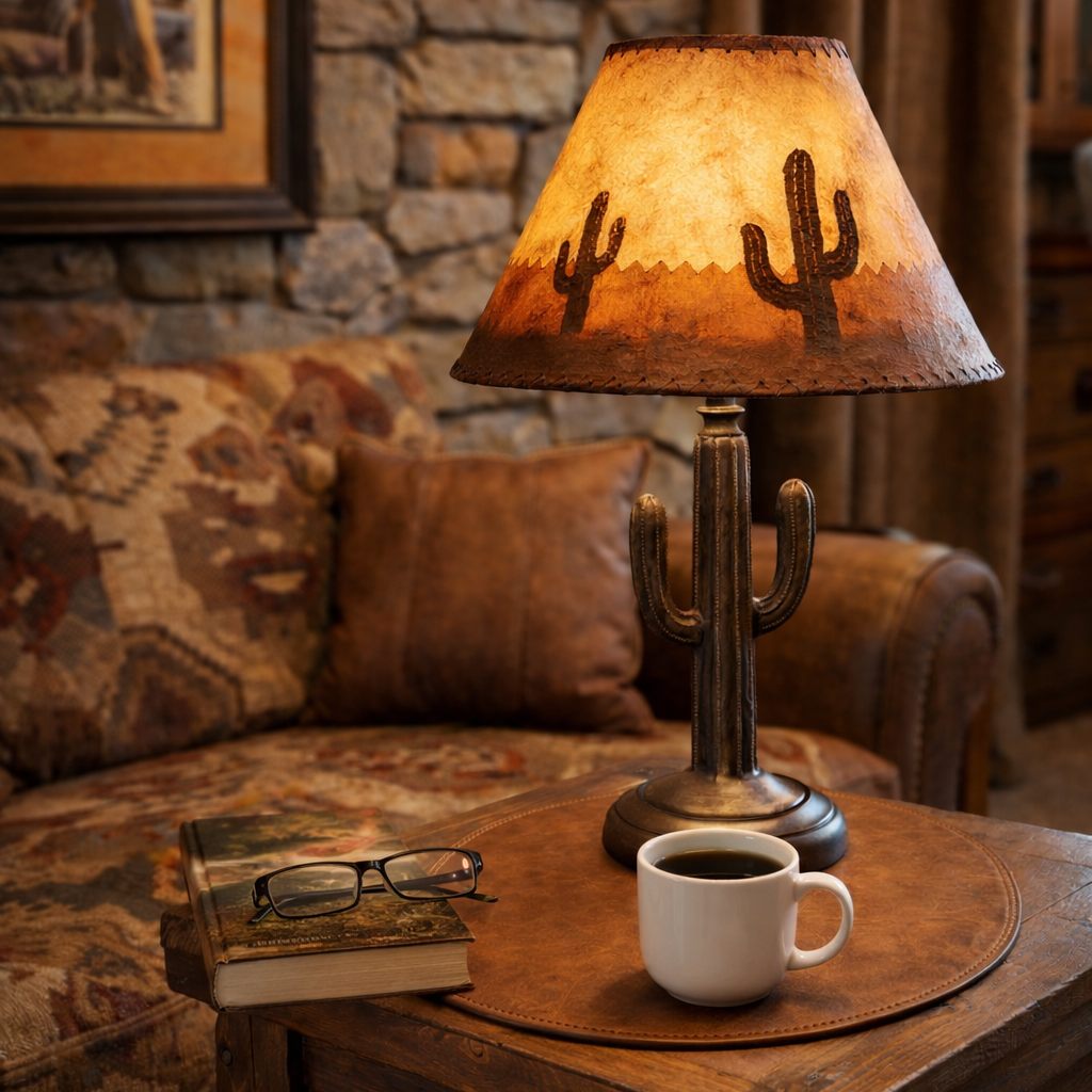 Cactus-themed lamp on a wooden table with a cup of coffee and reading materials, in a cozy room setting.