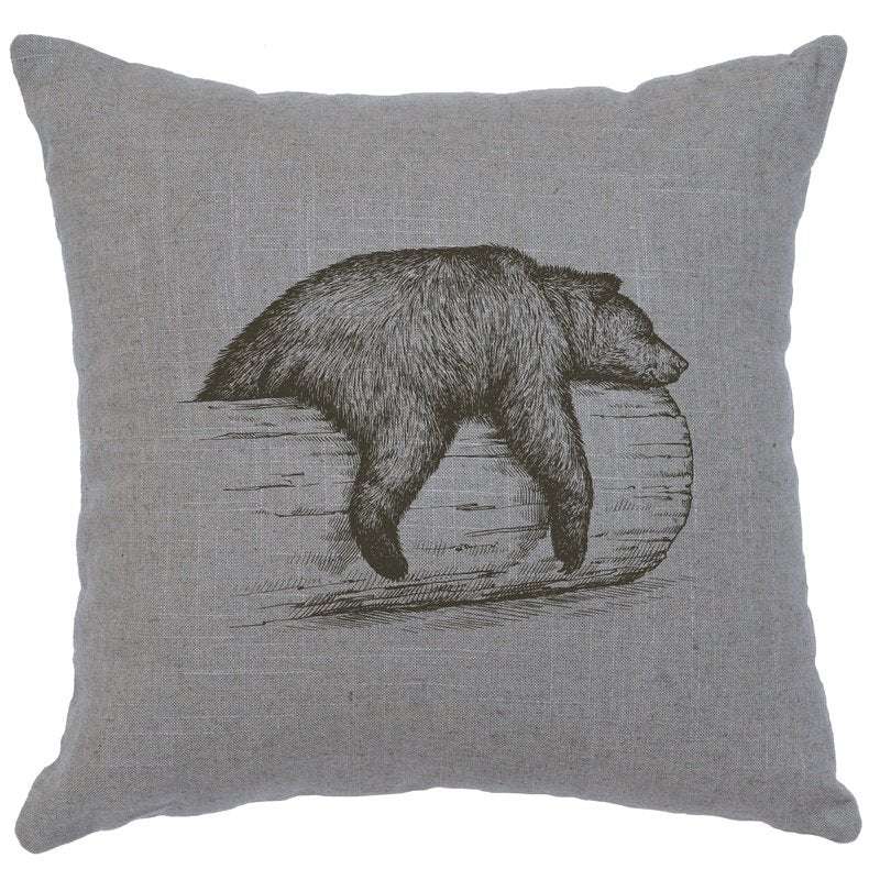 "Bear on a Log" Image Pillow - Linen Gray