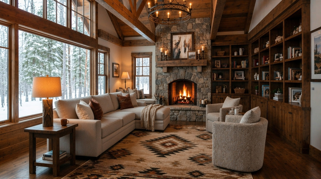 Cozy living room with a fireplace, bookshelves, and large windows showing a snowy landscape.