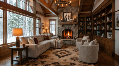 Cozy living room with a fireplace, bookshelves, and large windows showing a snowy landscape.