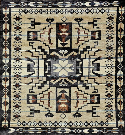 Geometric patterned rug with intricate design on a black background